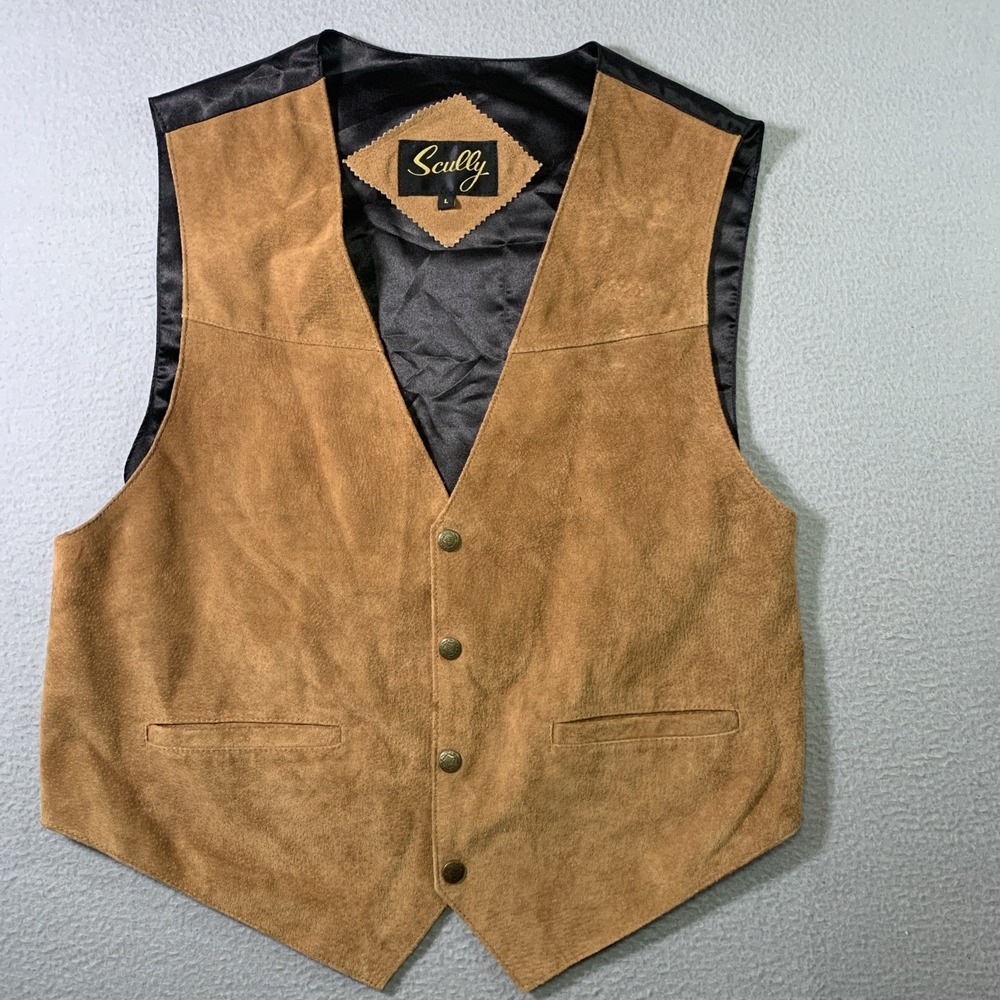 Scully Vest Men's Size L - Brown Boar Suede 4 Snap Front Satin-Back Western